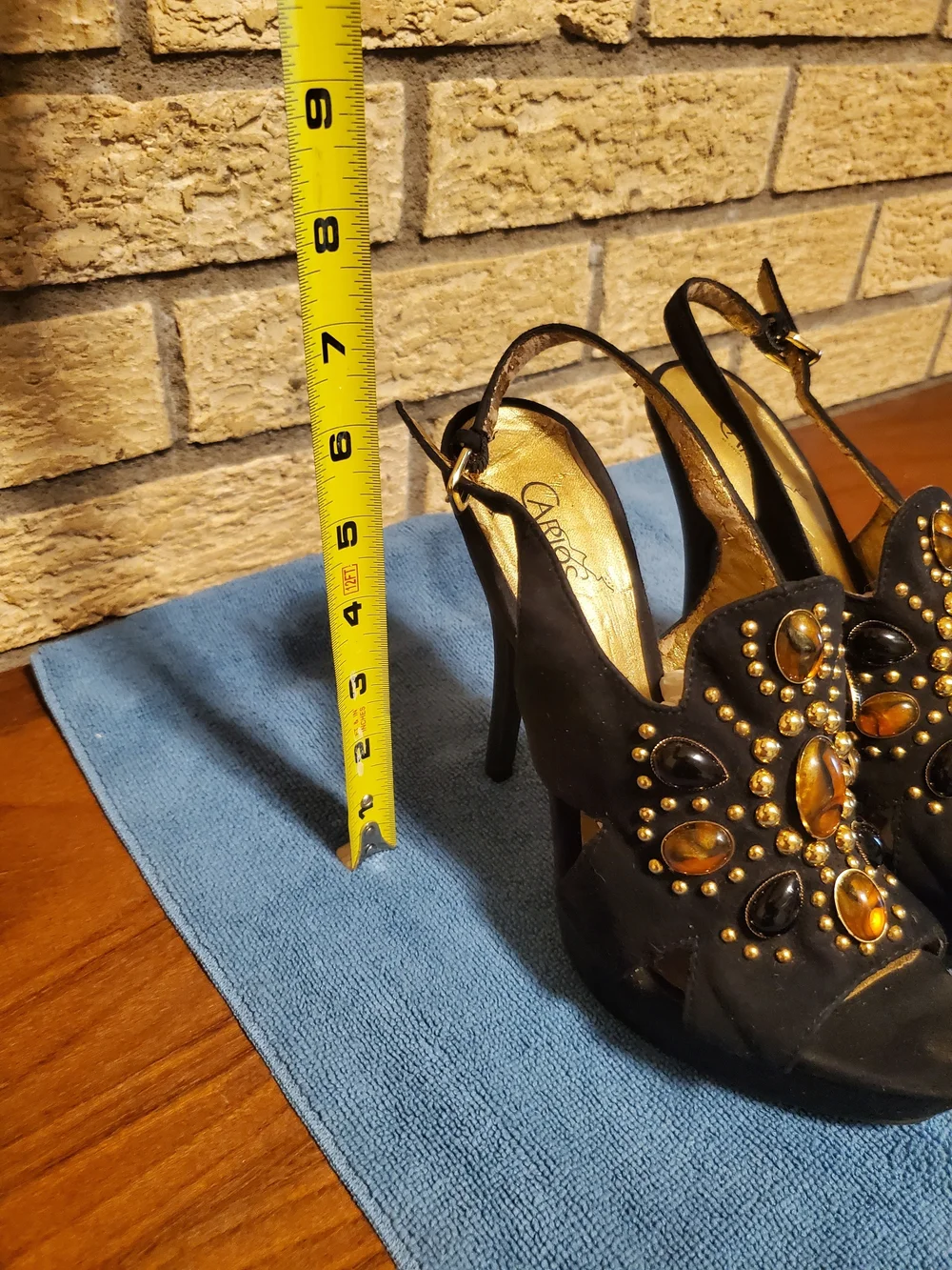 Carlos by Carlos Santana Black Suede Slingback Heels with Amber and Black Jewels